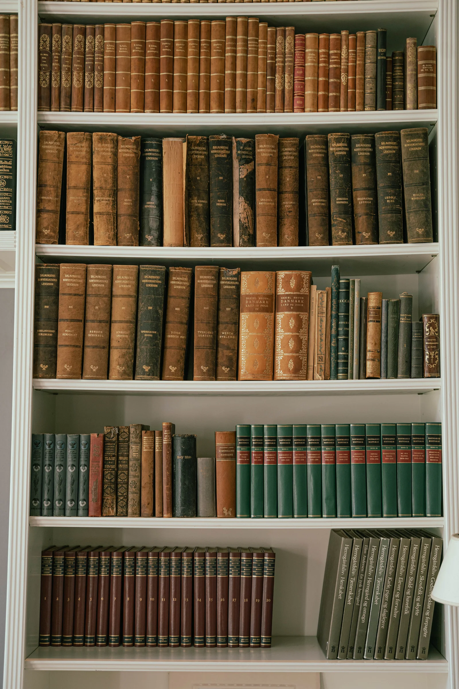 Bücherregal mit alten Ledereinbänden in der Bibliothek von Gut Agerup