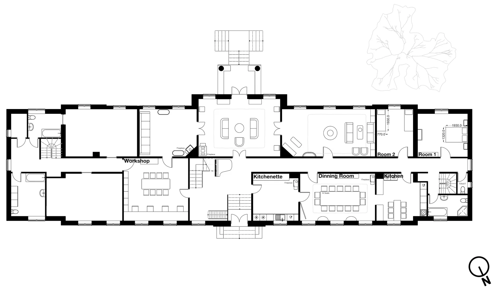 Grundriss des Erdgeschosses von Gut Agerup mit Salons, Speisezimmer und Küche