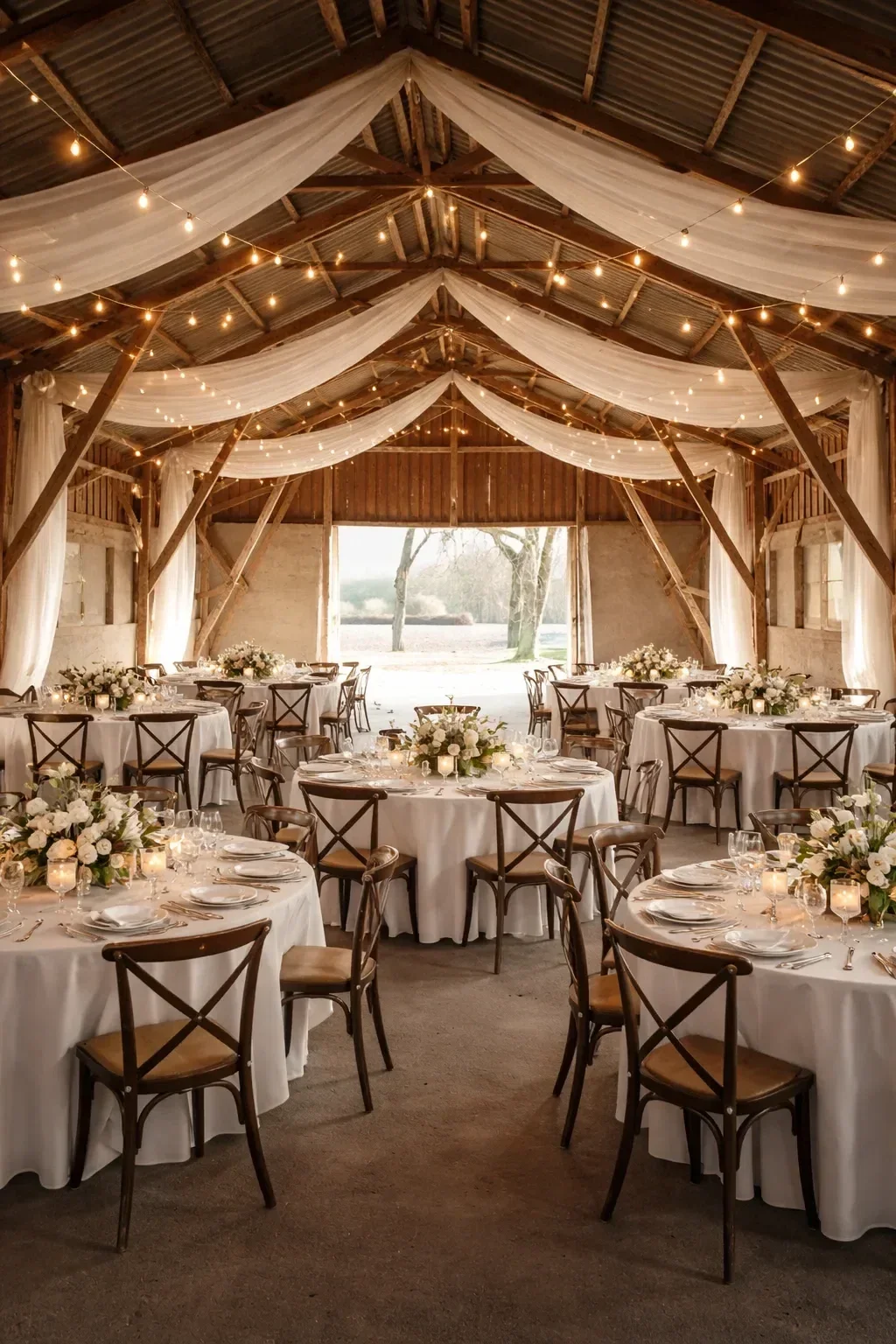 Laden på Agerup Gods dækket op til bryllupsmiddag med blomster og lyskæder